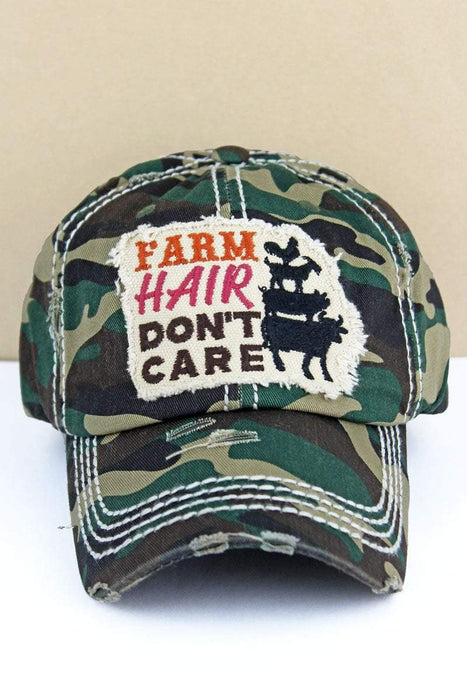 Camo Baseball Hat with Velcro Closure "Farm Hair Don't Care"