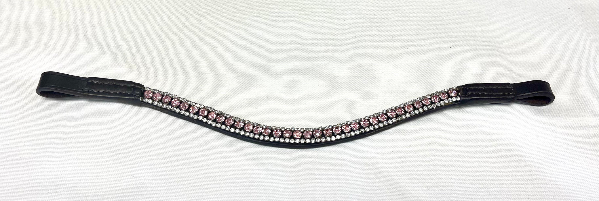 Curved Leather Browband w/Crystals - Pink/Clear Crystals