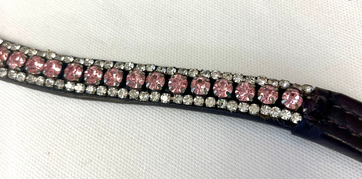 Curved Leather Browband w/Crystals - Pink/Clear Crystals