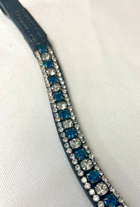 Curved Leather Browband w/Crystals - Teal/Clear Crystals