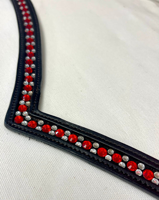 V-Shaped Snap Ends Browband w/Crystals - Red/Clear